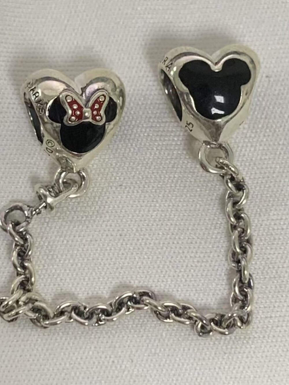 Pandora Mickey and Minnie Mouse Safety Chain Charm, S925 Silver Jewelry
